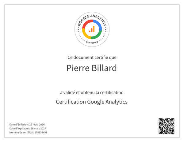 Certificat Google Analytics délivré à Pierre Billard par Google Skillshop