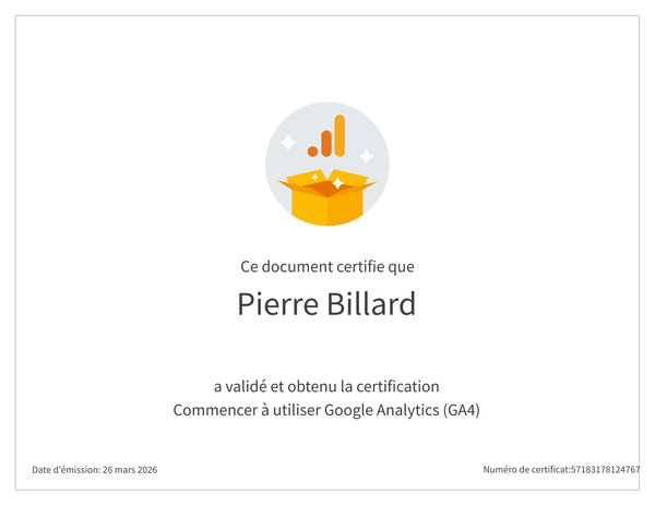 Certificat du parcours Google Analytics GA4 délivré à Pierre Billard